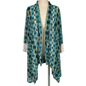 J Lee Blue Southwestern Aztec Print Kimono Cardigan Lace Sleeve Boho XL